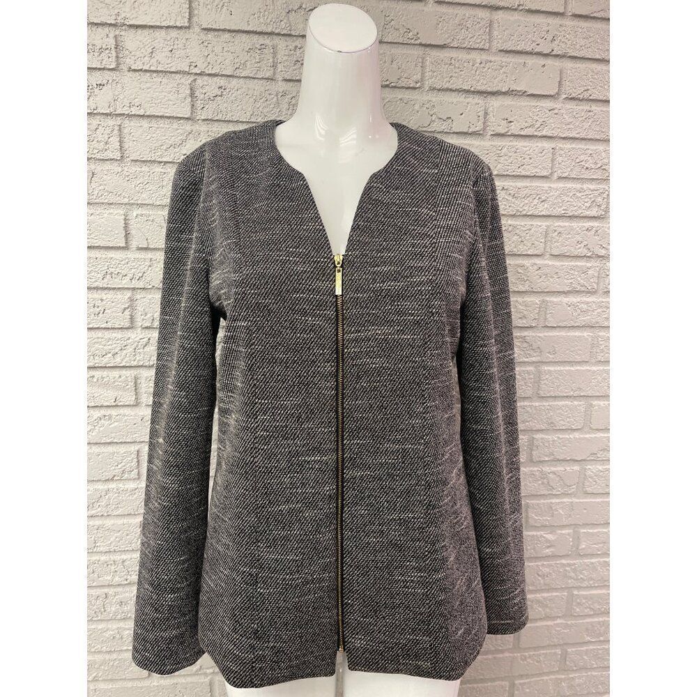 Dana Buchman Women Full Front Zip Black White Long Sleeve Tweed Blazer Size 6